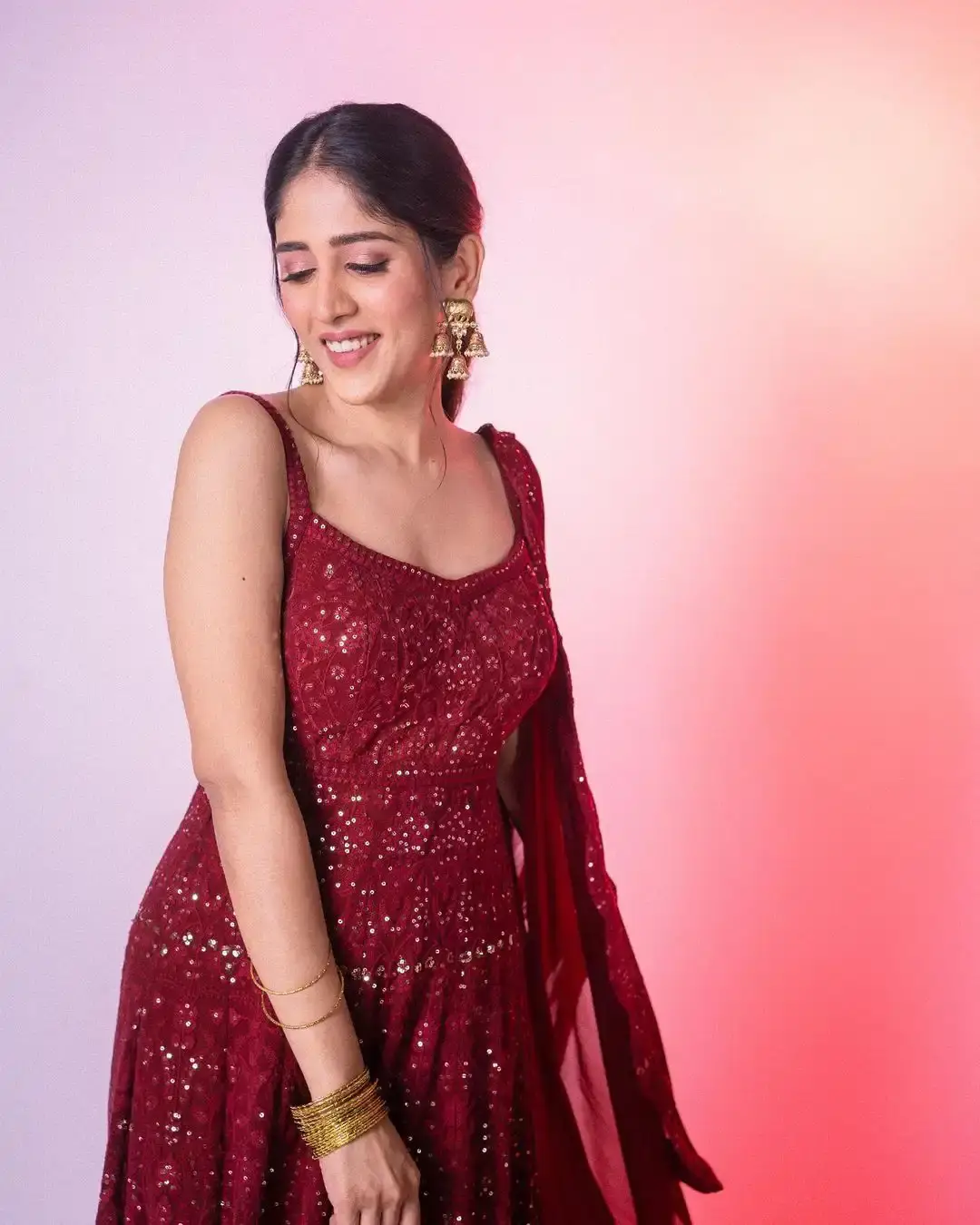 HYDERABAD GIRL CHANDINI CHOWDARY IN BEAUTIFUL LONG MAROON GOWN 7